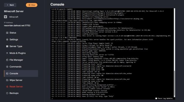 Console Tab for Minecraft Server Hosting