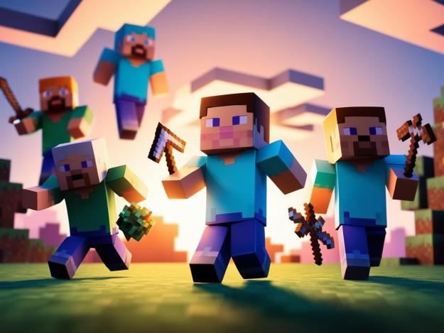 Drawing of several Minecraft players holding swords and tools, standing together in a scene.