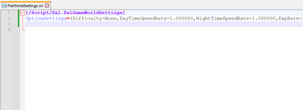Text editor window displaying the PalworldSettings.ini configuration file for Palworld, open for manual editing of game settings.