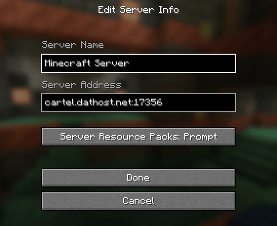 Minecraft multiplayer server list showing a server entry with its name, IP address, and player count.