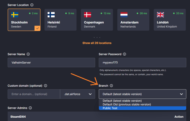 Dathost Valheim server control panel open to the Settings tab. The user is locating the "Branch" dropdown menu and selecting "Public Test".