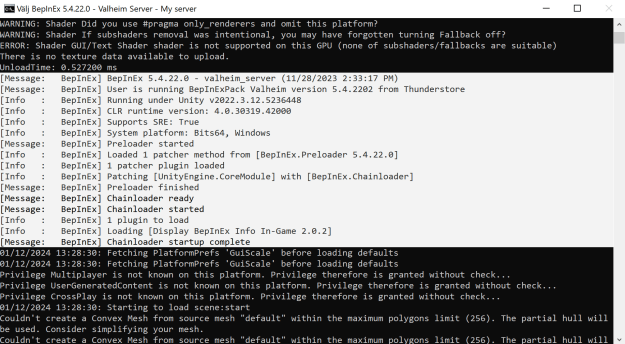 The user is starting the server by double-clicking start_headless_server.bat, and the console window displays logs confirming that BepInEx has been correctly installed.