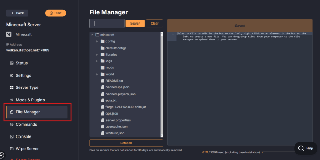 Accessing the File Manager in the Dathost control panel to manage Minecraft server files.