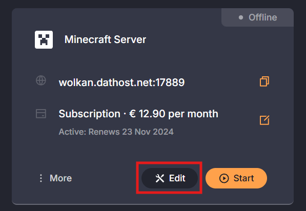 Navigating to server settings in the Dathost control panel for Minecraft server configuration.