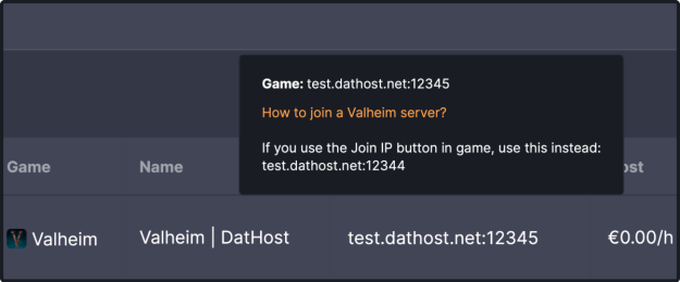 Valheim DatHost control panel IP info