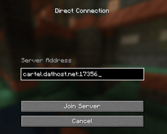 Minecraft Direct Connect screen open, with the server IP address entered for connecting directly to a multiplayer server.