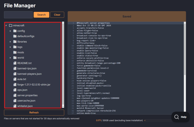 Root directory of a Minecraft server visible in the Dathost File Manager, typically the first folder accessed.