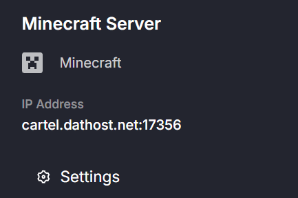 Dathost Minecraft server hosting dashboard open in a web browser, showing the server’s IP address and basic server details.