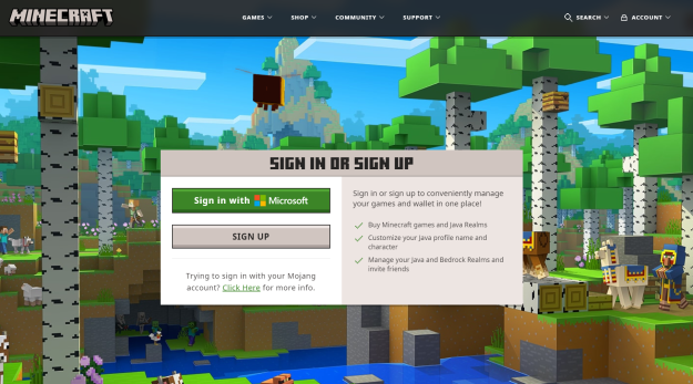Web browser displaying the official Minecraft website with options to sign up for a new account or sign in to an existing account.