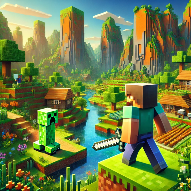 Illustration of a Dathost Minecraft server world showing Steve holding a sword, standing in front of a Creeper, ready for battle.