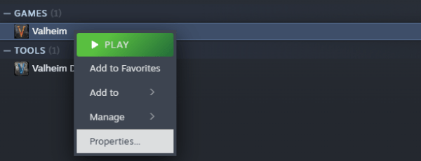 Steam client window open to the Library tab. The user has located Valheim in the game list, right-clicked on it, and selected Properties from the context menu