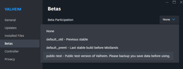 The user has selected the Betas tab and chosen "public-test" under the "Betas Participation" section.