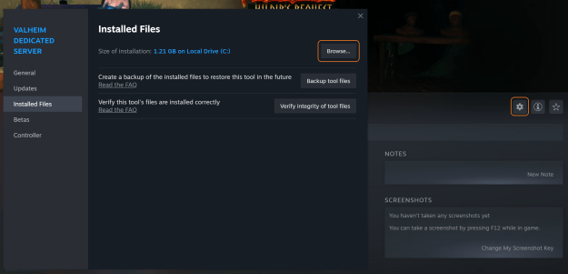 Window open to the Valheim Dedicated Server installation folder. The most common path is C:\Program Files (x86)\Steam\steamapps\common\Valheim dedicated server.