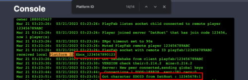 console logs with Xbox ID highlighted